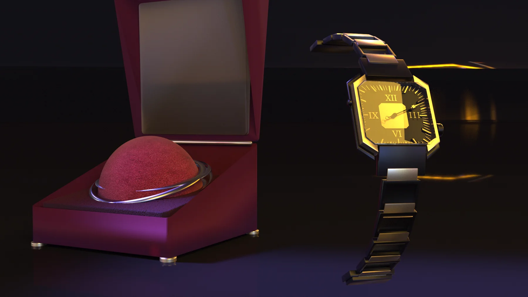 Montre et écrin mis en lumière dans une scène 3D publicitaire